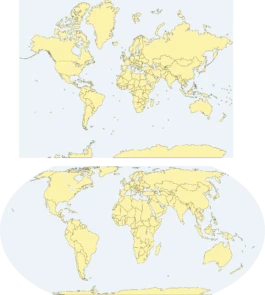 Comparison of the equal earth-projection at the top (new / choosen from the UN) and the mercator-projection on the bottom (old), Studio Michael Schmitz Studio Michael Schmitz