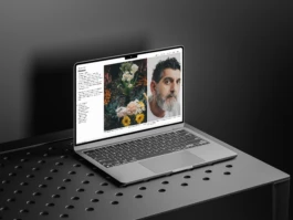 Website from Thomas Pirot, photographer, Laptop on a shelf, diagonal angle, Studio Michael Schmitz Studio Michael Schmitz